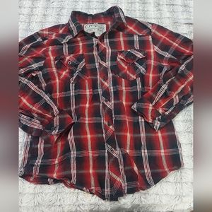 Mens Chalc red/blk plaid size large button‎ down shirt